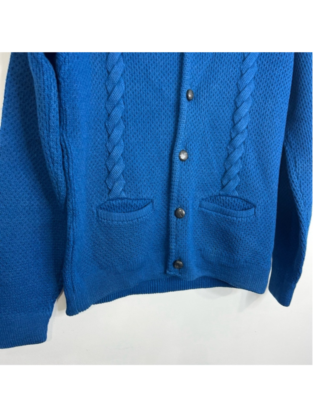 Vintage 50s 60s pure wool cobalt blue cable knit grandpa cardigan sweater L - Picture 8 of 13